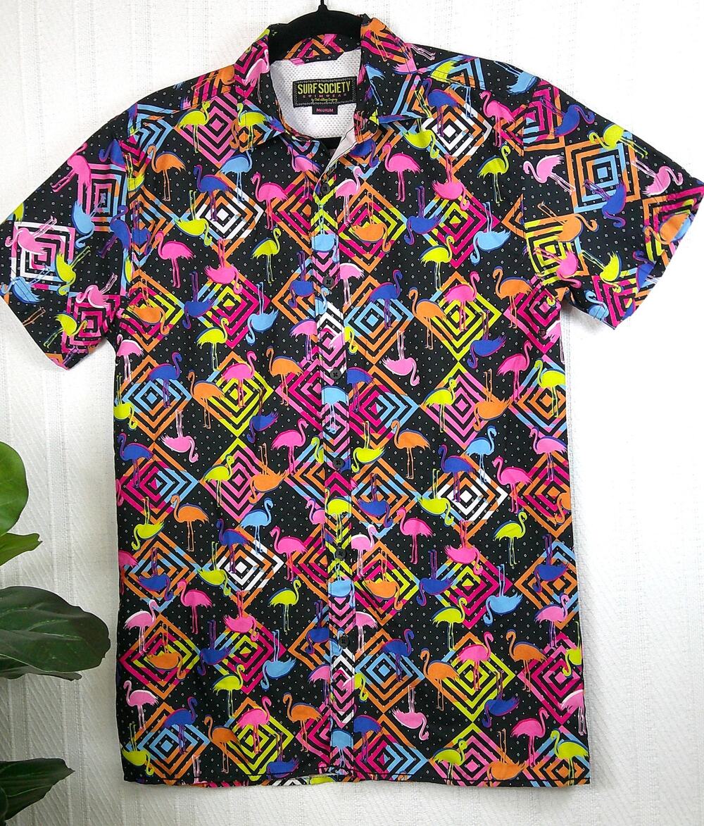 Surf Society Short Sleeve Button Shirt Flamingo Print Swim Wear-Men's Medium